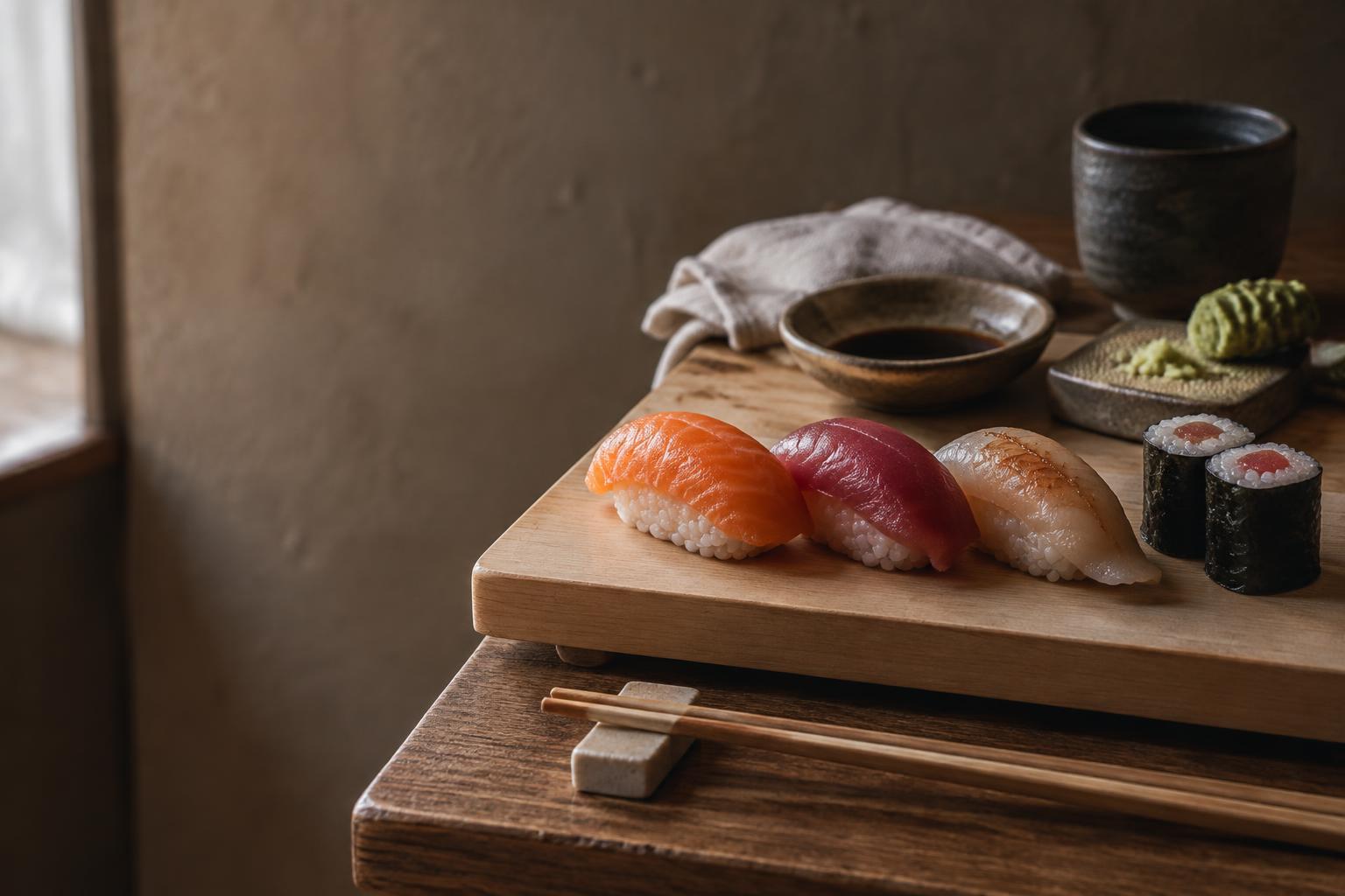 Handgjorda nigiri och maki på ett träboard av cypress, med sojasås och ätpinnar.